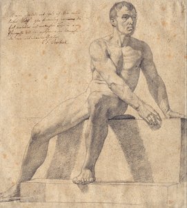 Nu masculin assis sur un piédestal